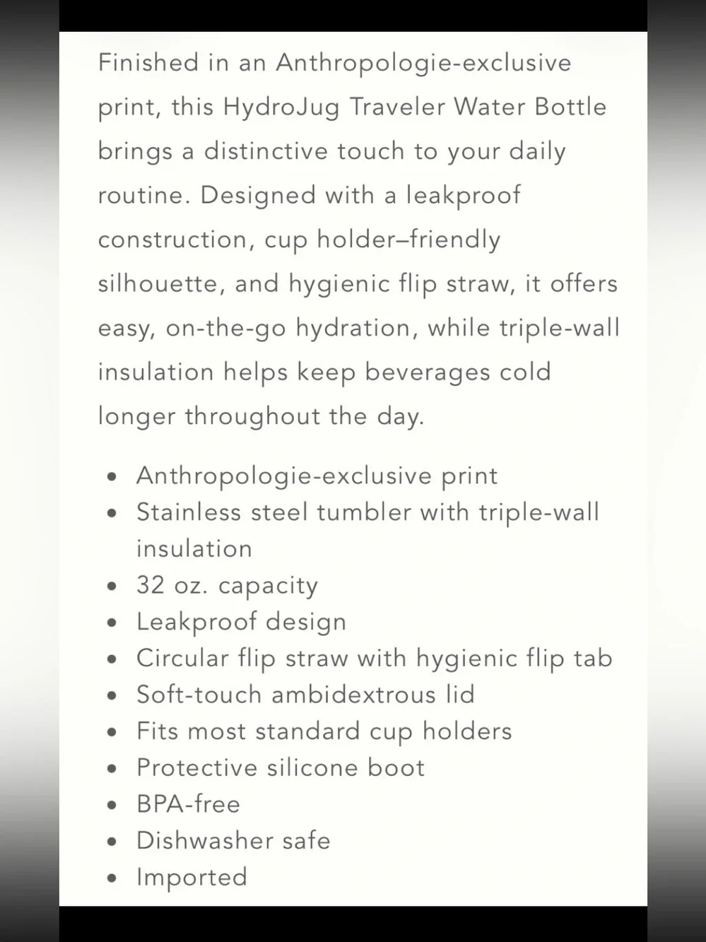 Anthropologie HydroJug 32 OZ Traveler Water Bottle.